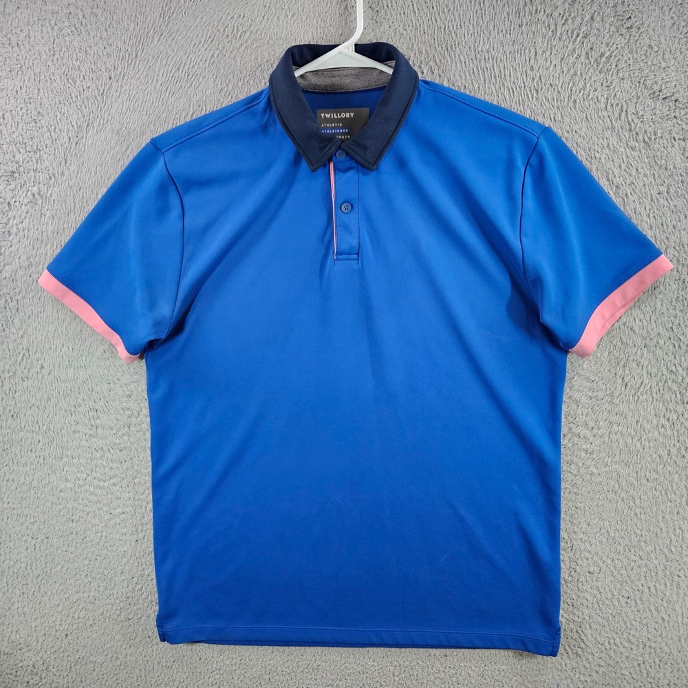 Twillory Athleisure Performance Polo Shirt Blue Pink Trim Short Sleeve Large